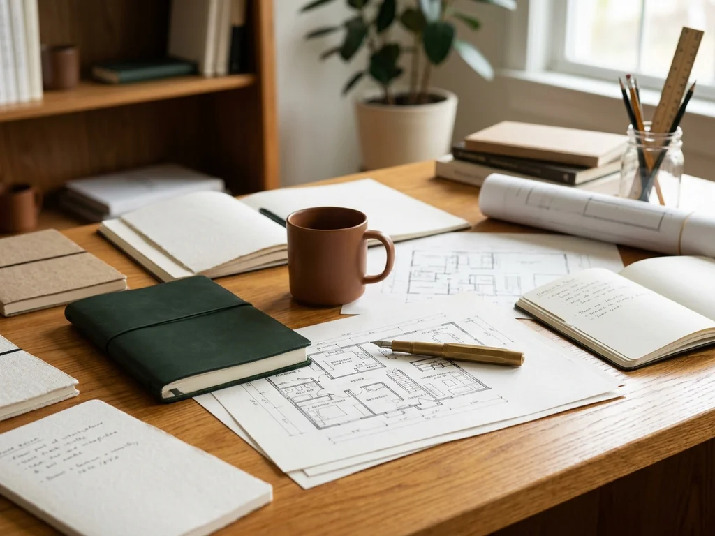 Bureau de rédaction avec plans d'aménagement et carnets pour organiser votre projet Maison.