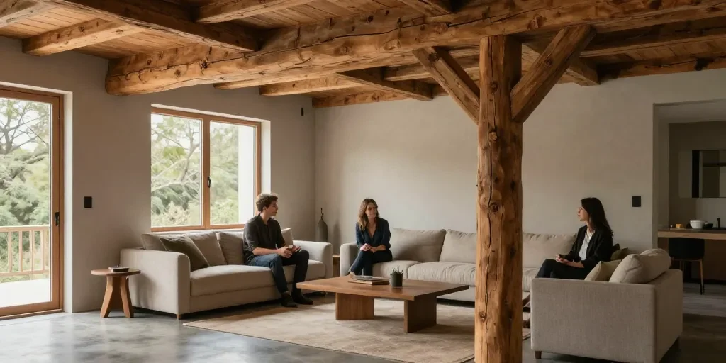 Salon moderne avec poutre apparente : comment les réconcilier sans trahir ni le bois ni la contemporanéité