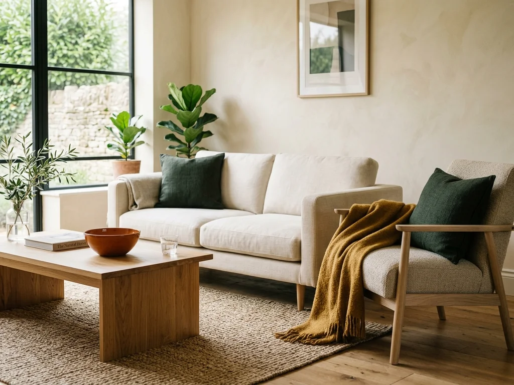 Salon rénové avec murs à la chaux, mobilier en bois et textiles naturels sous une lumière douce.