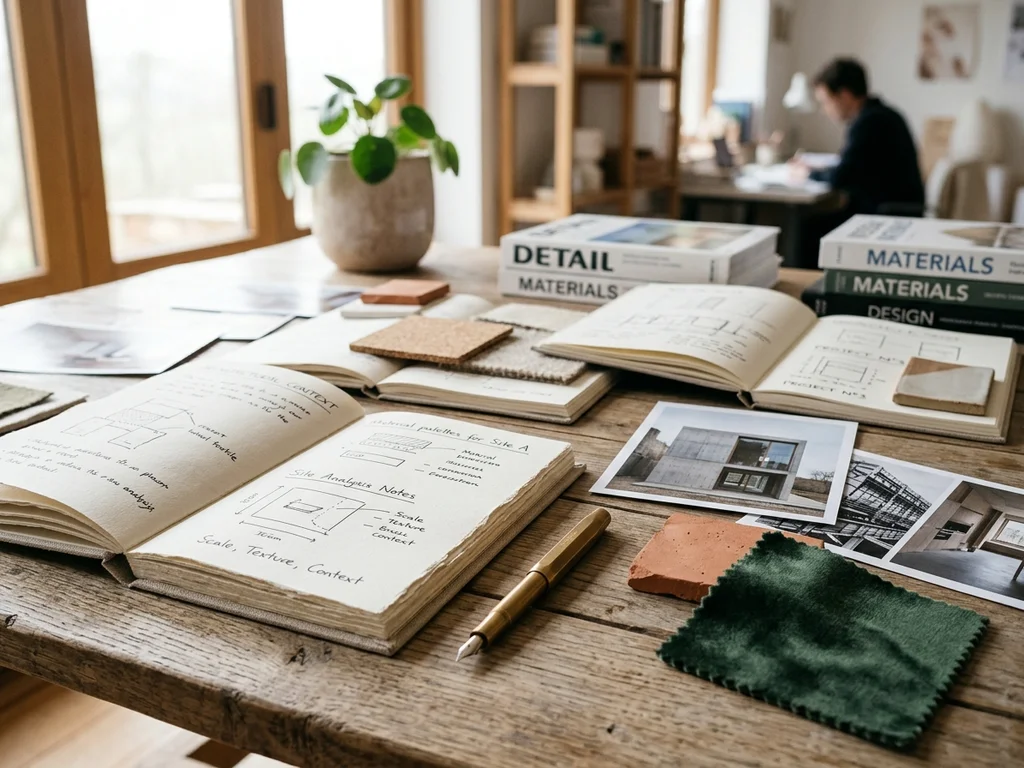 Carnets de notes et échantillons de matériaux illustrant le travail de rédaction de l'équipe.